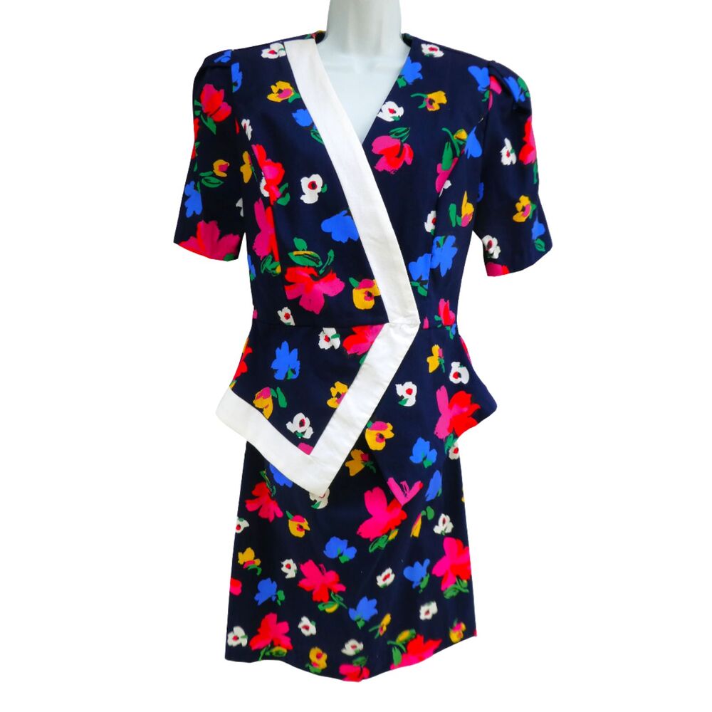 Vintage USA 80s Miss Oops California Navy Floral Skirt Suit Set Peplum Jacket 12